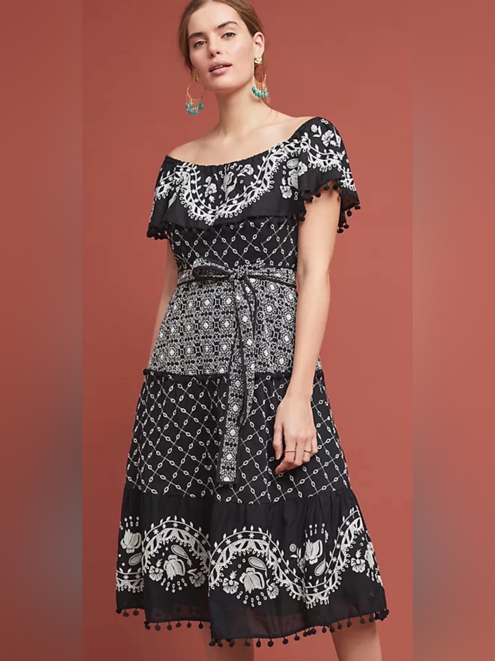 By Anthropologie Marisol Embroidered Off Shoulder Dress Size 8